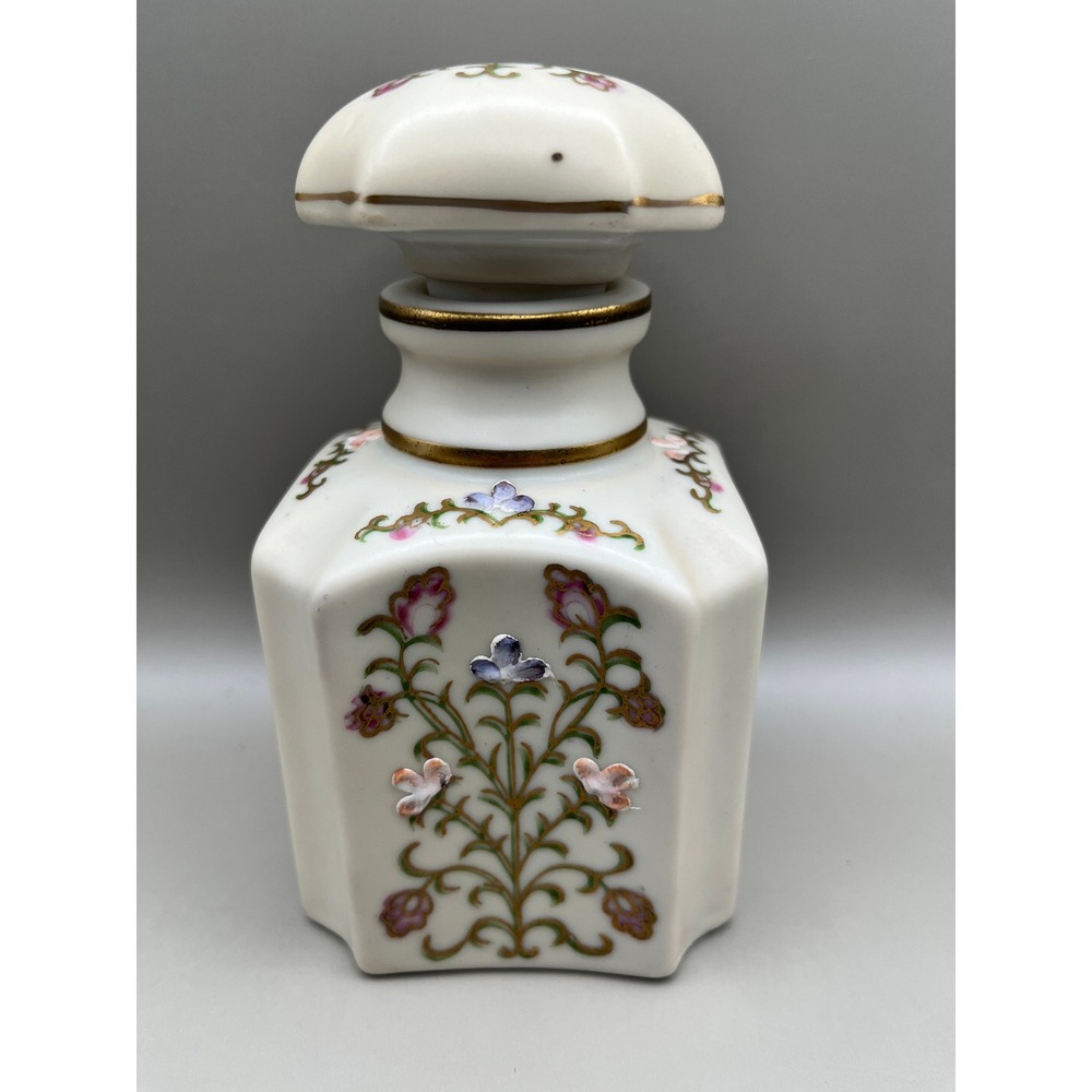 Neiman Marcus Vtg Japan Porcelain Floral Perfume Bottle Gold Trim Octagonal 5"